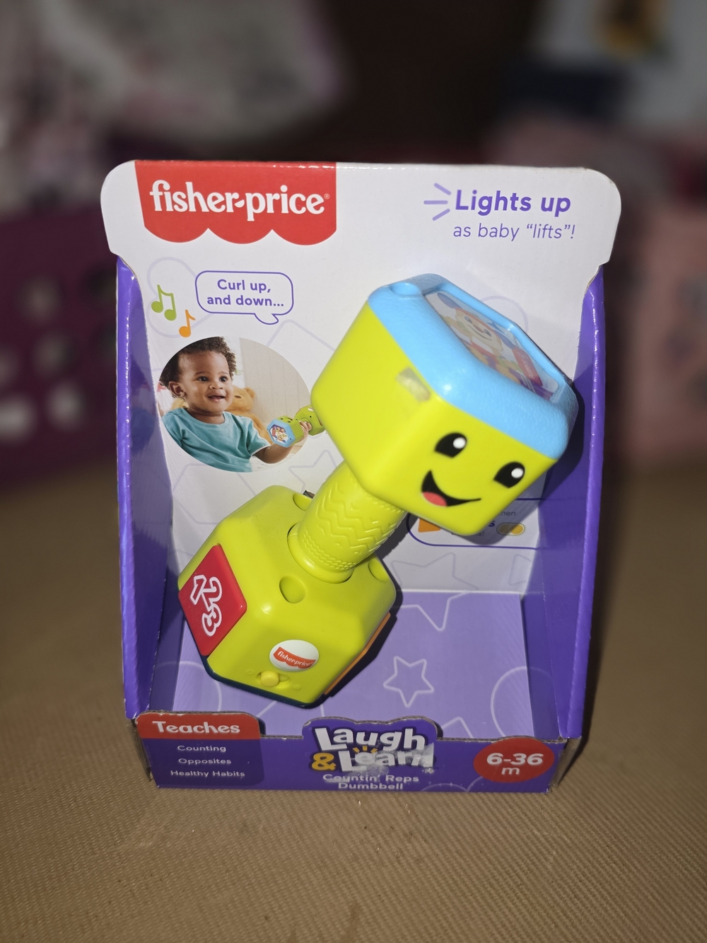 Fisher-Price Bright Yellow & Blue Light-Up Learning Dumbbell Toy